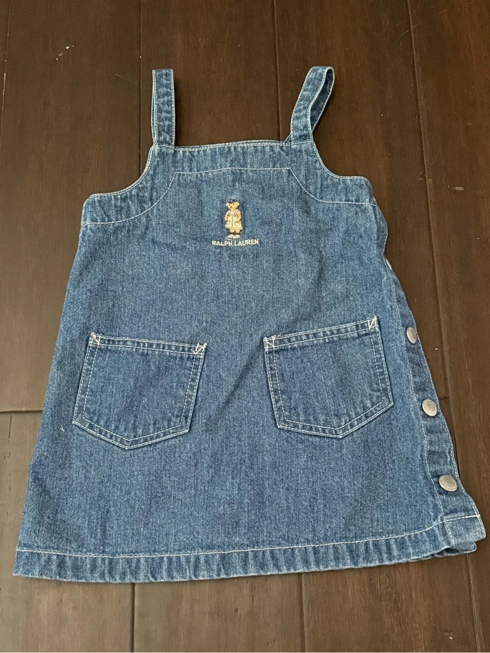 Vintage Ralph Lauren Denim Overall Dress with Embroidered Polo Bear & Pockets